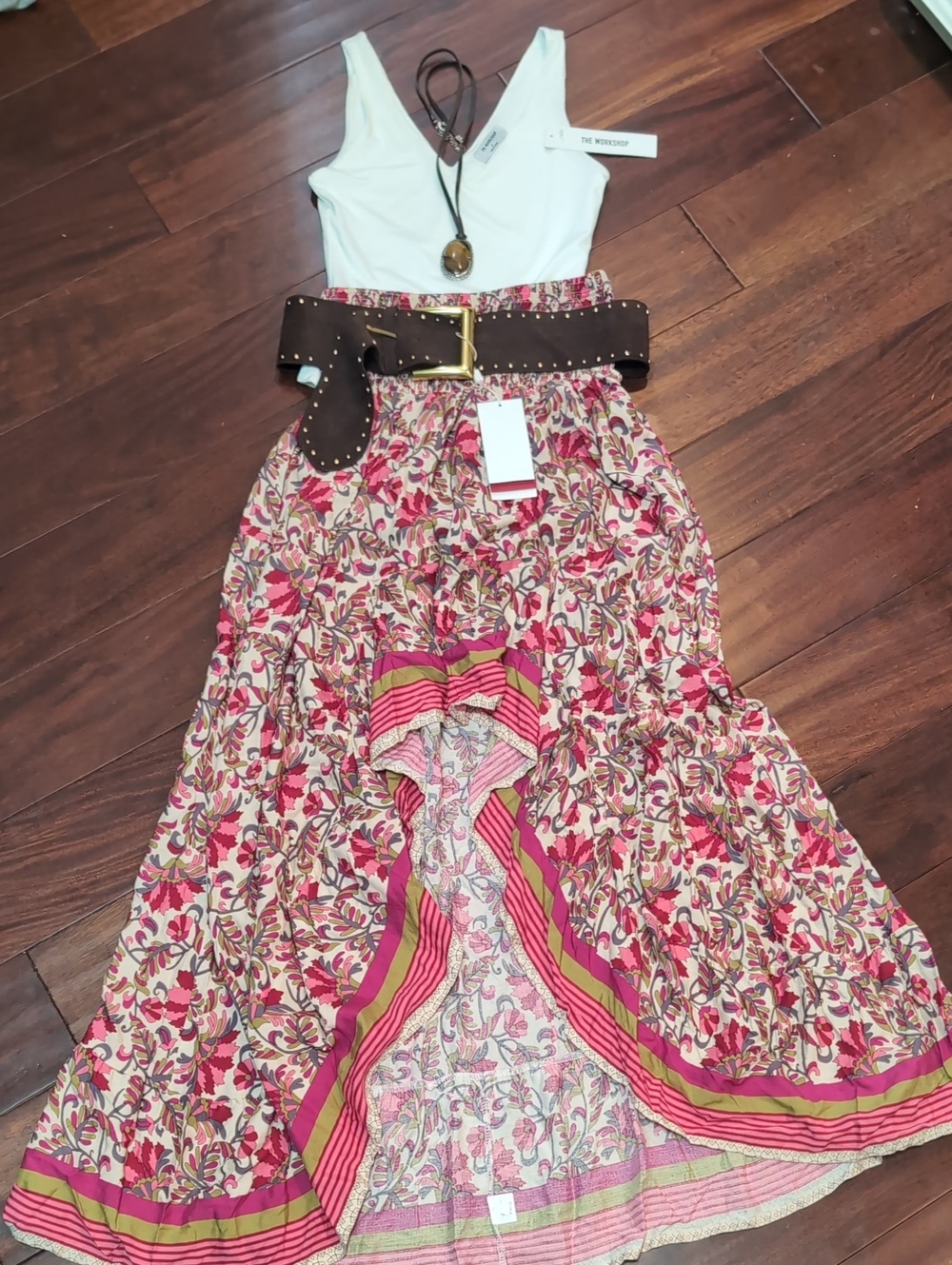 Bundle Floral Tiered Maxi Skirt, Dark Brown Belt, White Bodysuit And Necklace